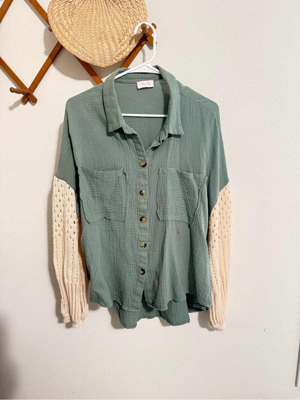 Pink Lily Sage Button-Front Top with Cream Knit Sleeves